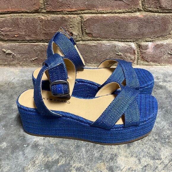 Lucky Brand Bikaro Denim Limoges Espadrille Wedge Platform Ankle Strap Sandals S - Picture 2 of 9